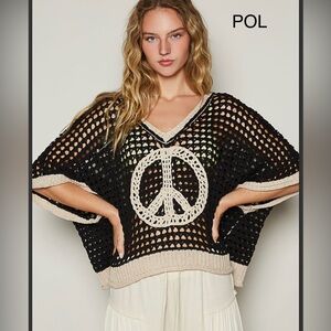 POL Black Crochet Peace Sign Top with Cream Trim